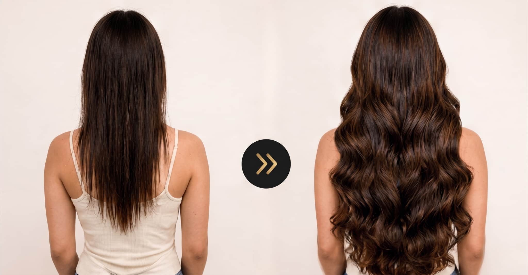 Before and after transformation showing premium long wavy hair extensions at SD Luxury Salon by Sajid Janakpuri
