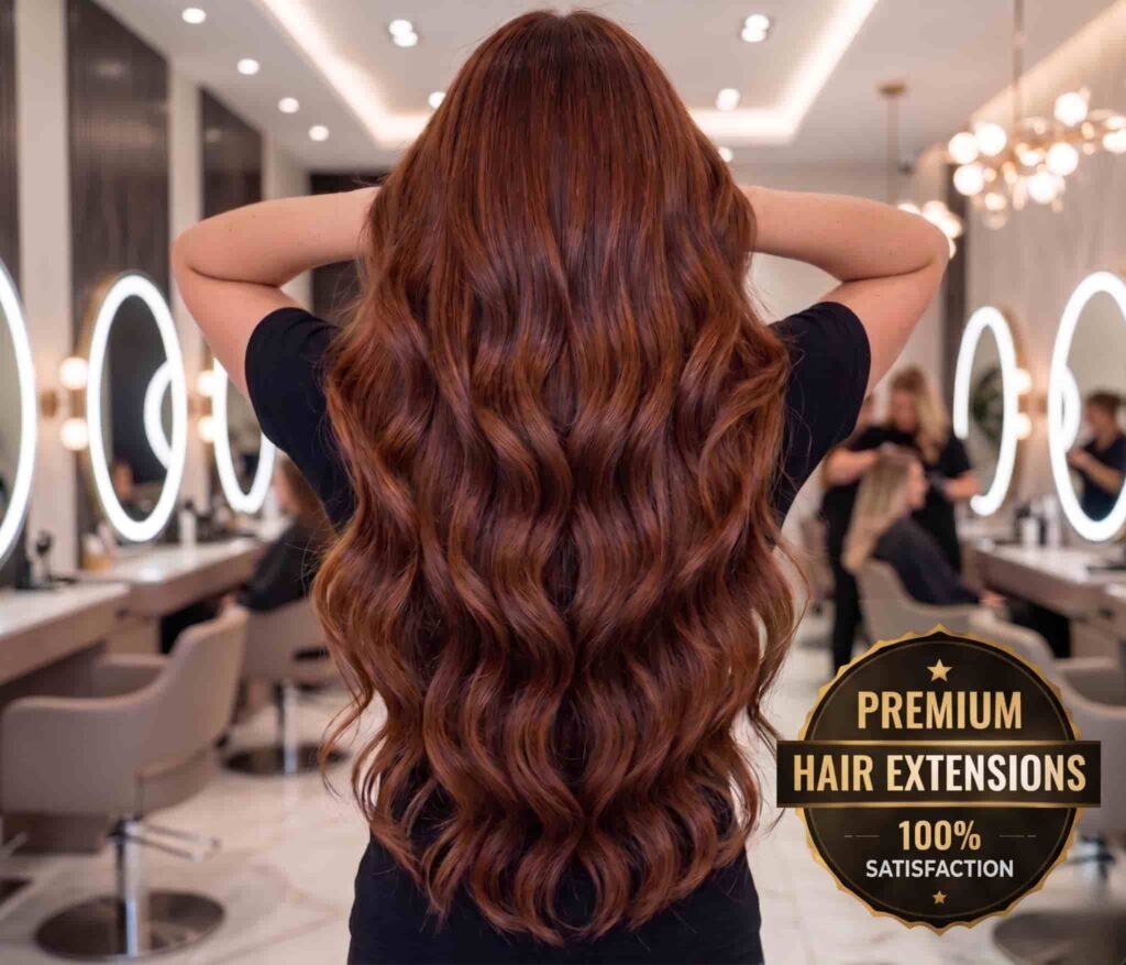 Woman with long wavy brown hair after premium hair extension service at SD Luxury Salon by Sajid in Janakpuri