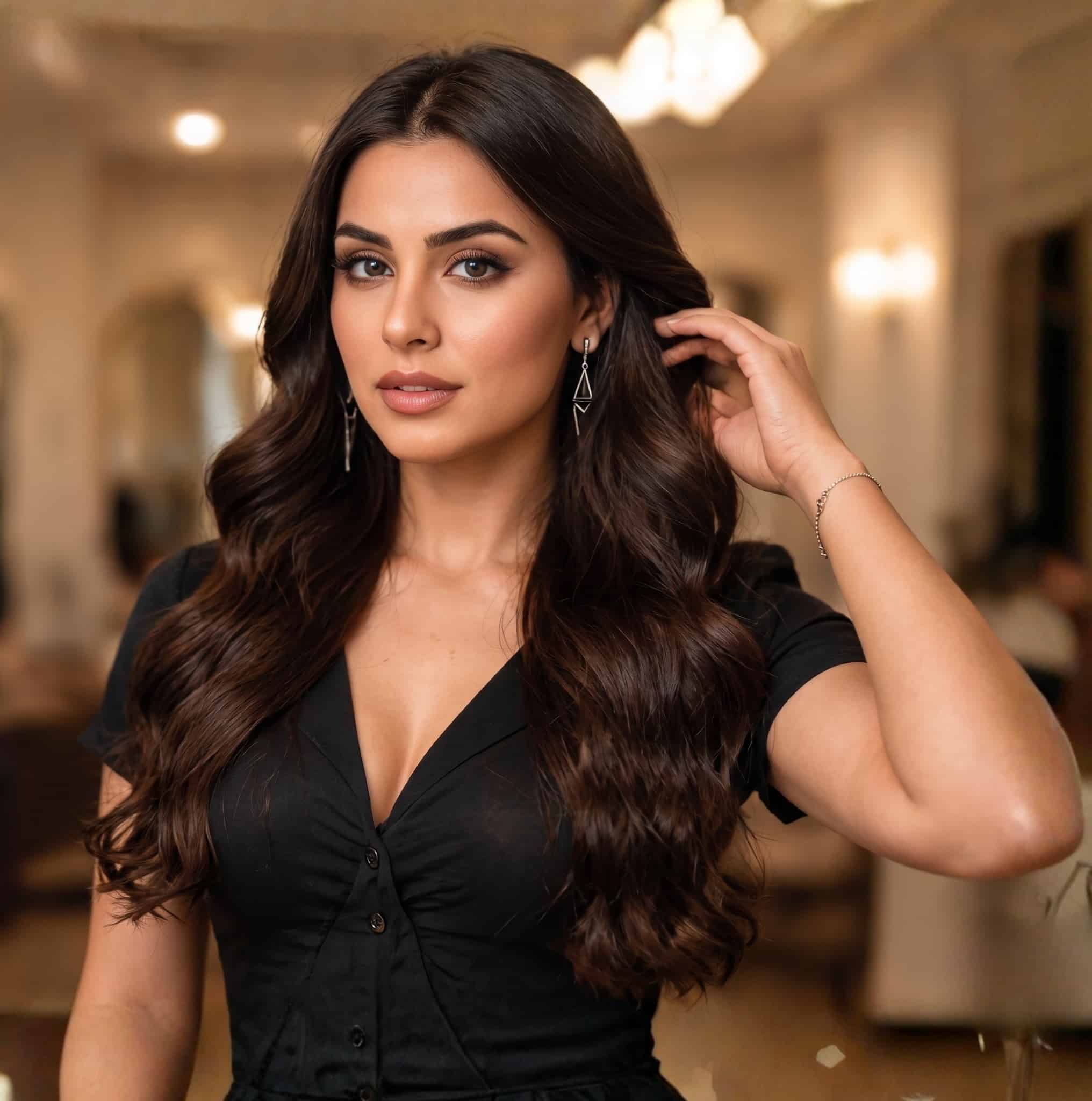 Beautiful woman with long smooth wavy hair after premium hair extension treatment at SD Luxury Salon by Sajid